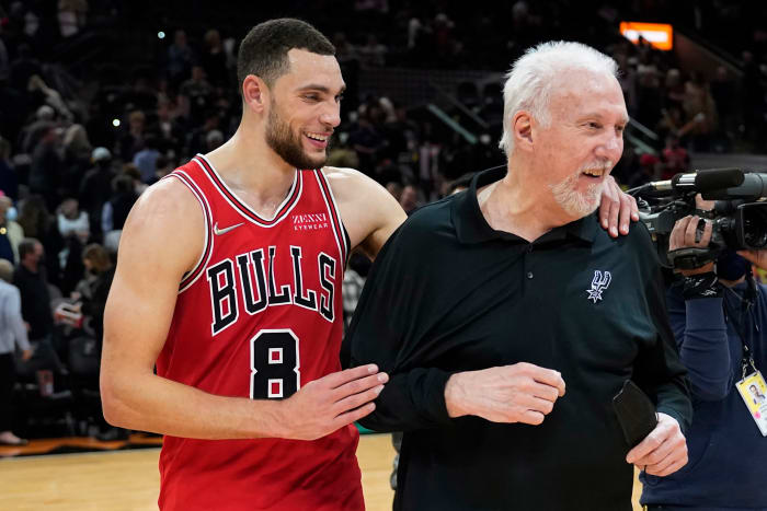 Zach LaVine greets Gregg Popovich after a game last season. The pair won a Gold Metal in the Tokyo Olympics.